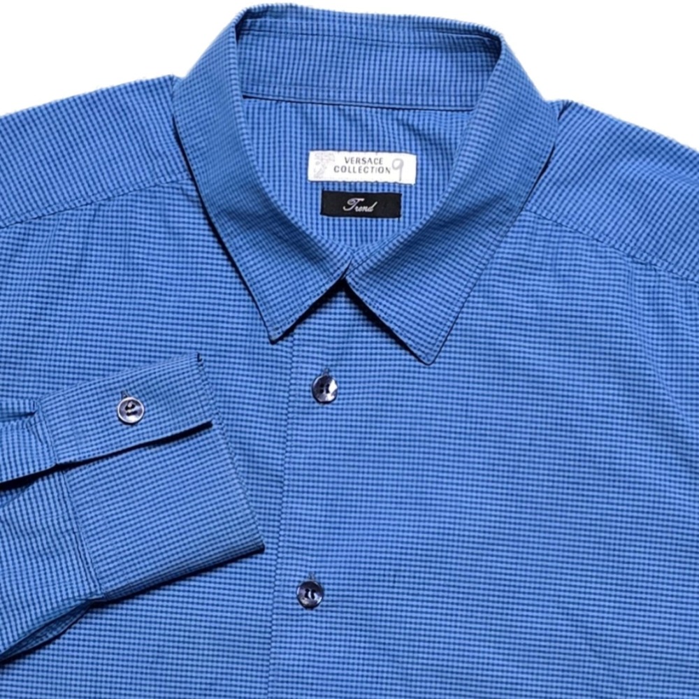 Versace Collection Trend Fit Blue Gingham Button Down‎ Dress Shirt Mens Sz 41 L